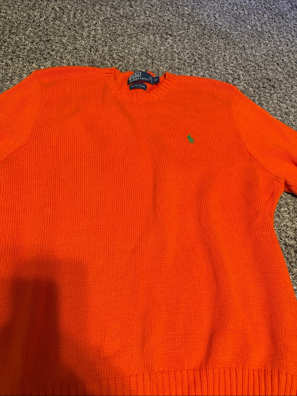 Ralph Lauren Men’s Bright Orange Crewneck Sweater with Green Polo Logo